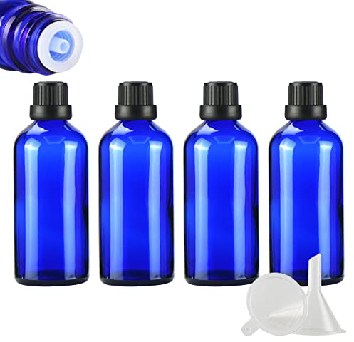 ZEOABSY 4 Stück Leer 100ml Braunglas Flasche mit Tropfmontur Originalitätsverschluss, Tropfflasche Blau mit Schwarz Schraubverschluss Glasflaschen für Ätherisches Öle Essenzen Aromatherapie