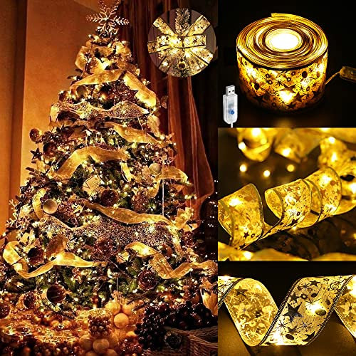 GIHOO Christmas Fairy Lights USB Plug in,Gold 32ft 100 LED 8 Modes Xmas Tree Ribbon Lights Copper Wire Ribbon Bows Lights for Holiday Party Decoration(Width 5cm Gold Warm Light)