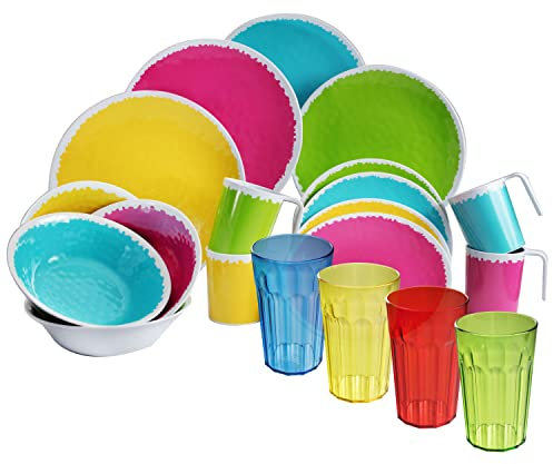 Melamin Camping Geschirrset für 4 Personen - 20 Teile - mit Trinkgläsern Bunt 630 ml - Essgeschirr modernes Campinggeschirr