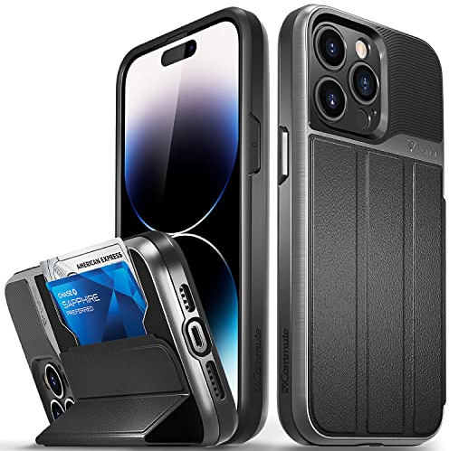 VENA vCommute Etui Coque pour Apple iPhone 14 Pro Max (6.7-inch), (Military Grade, Emplacements Cartes) Housse Étui Pochette Portefeuille en Cuir avec Stand (Gris)