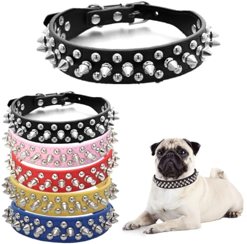 Collares de perro con pinchos, collar de perro con tachuelas de cuero remachado, collar de cachorro con pinchos ajustables para perros pequeños, medianos y grandes, color negro, talla S