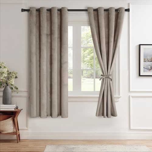 JIUZHEN Taupe Samtvorhänge, 183 cm, Verdunkelungsvorhänge für Wohnzimmer, Privatsphäre, Raumverdunkelung, Ösen, dicke Samt-Fenstervorhänge für Schlafzimmer, 2er-Set, mit Raffhaltern, 132 x 183 cm (B x
