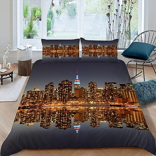 MUNOOR Bettwäsche 135x200 New York Bettbezug mit ReißVerschluss Kinder Bettwäsche Set mit Kissenbezug 80x80 Weich Leicht Mikrofaser 3D Motiv Stadtansicht Bettbezüge Pour Jungen Mädchen