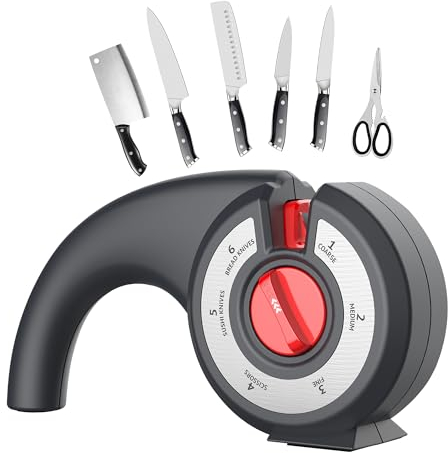 Kitchen Knife Sharpeners, Professional 6 Stage Manual Knife Sharpening Tool with Ergonomic Handle, Non-Slip Base, Ceramic Stone, Tungsten Carbide Plates, Cemented Carbide Grinding Head, Grey Finish