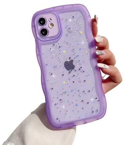 ZTUOK Compatible with iPhone 11 Case for Girls Women,Cute Clear Sparkly Bling Star Design Curly Simple Wave Case Shockproof Protective Slim Soft TPU Glitter Cover for iPhone 11-Purple