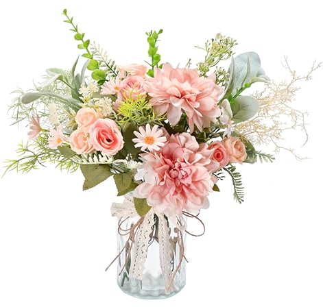 Yorkmills Artificial Rose Flowers in Vase, Silk Pink Rose Hydrangea Bouquet Artificial Flowers with Pot Flower Arrangement for Home, Autumn Spring Decor Centerpiece Table Decorations