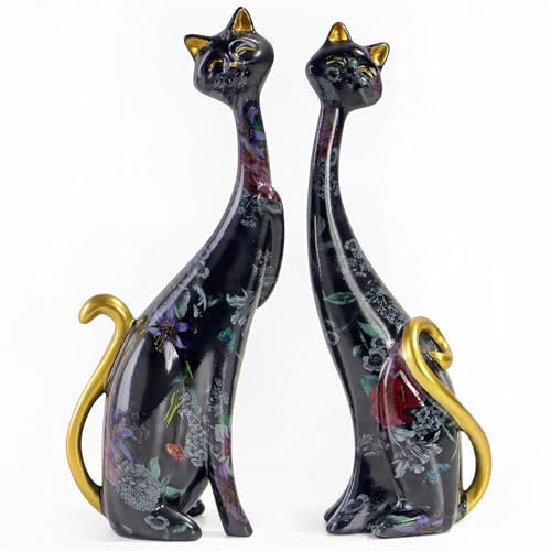 masteymoh Medieval Cat Decor Set of 2, Resin Cat Statue, Peony Flower Cat Figurines Ornaments 9.6-Inch, Resin Art Sculptures, Cat Couple Statue for Bookshelf & Desktop (Ink and Wash Black)