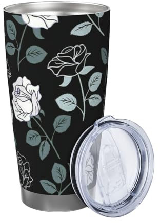 ZaKhs Trinkbecher mit Deckel und Strohhalm, Edelstahl, isolierter Reisebecher für Damen und Herren, 590 ml, mit Rosen-Gothic-Aufdruck