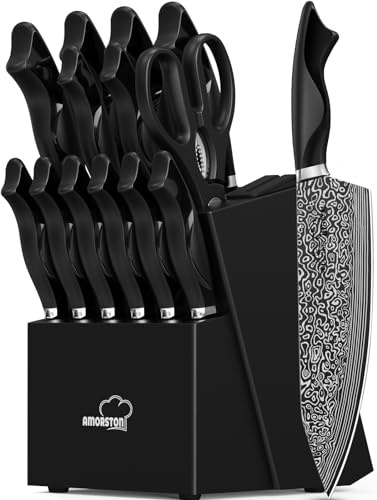 Knife Set, 15 Pieces Kitchen Knife Set with Built in Sharpener, High Carbon German Stainless Steel Knife Block Set, Dishwasher Safe, Mothers Day Gifts