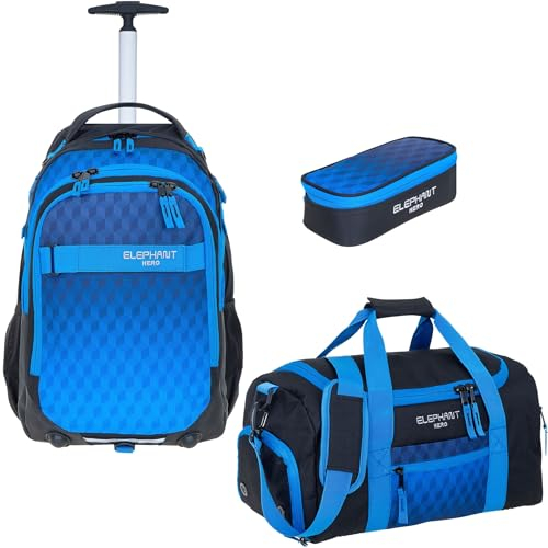 Elephant 3 Teile Set Trolley Hero Signature Schultrolley Schulranzen Trolly Sporttasche Mäppchen 12800 (Dark Blue Cube 12869)