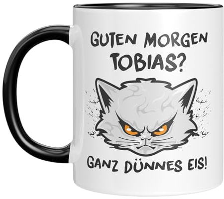 TassenTicker - Guten Morgen - personalisierte Tasse mit Namen - Kaffeebecher mit Spruch - Ganz dünnes Eis - Geschenkidee - Morgenmuffel - Geburtstagsgeschenk -Schwarz