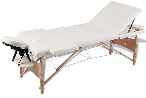 Rantry Klappbare Massageliege Creme 3 Zonen mit Holzrahmen, Sonnenliegen, Schlafsofa, Möbel, Gartenliegen, Pool-Liegen, für Terrasse, Pool, Balkon, Dekor Möbel
