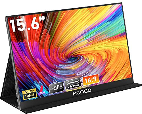 HONGO Monitor portatile 15,6 1080P FHD Monitor portatile IPS con due altoparlanti, Eye Care Estensione schermo per computer portatile/PC/Mac/PS5/4/Xbox – USB C Type C & HDMI con custodia protettiva