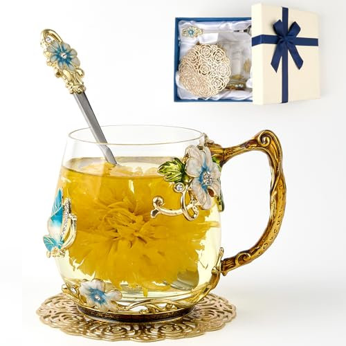 Flower Tea Cup ,Butterfly Daisy Clear Glass Fancy Coffee Mug with Spoon,Gift Box, Hot And Cold Drinks Use,For Her Mom Wife Grandma Girls Friends Valentines Christmas Birthday Present Idea for Juice