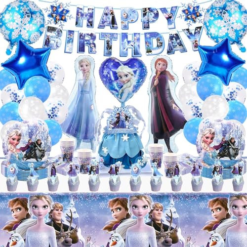 83Pcs Froze Party Decorations for Girls, Froze Party Plates Cups and Napkins Tablecloth for 16 Guests, Kids Party Tableware Set with Froze Cake Toppers Balloons Arch Kit Birthday Banner