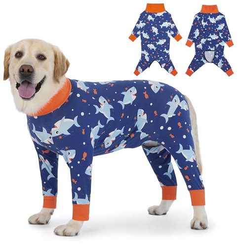 Yeapeeto Einteiler für Hunde, zur Erholung, für große und mittelgroße Hunde, Schlafanzug, Ganzkörper für Haarausfall, Allergien, Anti-Lecken, Wundschutz, Kegel-Alternative(4XL, Blau-Hai)