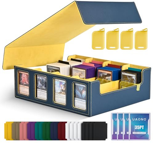 UAONO Trading Card Storage Box for Commander Display, 2400+ MTG Deck Box with 4 Toploader, TCG Card Case fits Magic PTCG Sports Cards(Blue&Yellow)