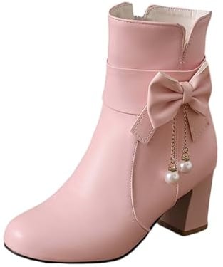 Femme Bottines à Nœud Perles Bout Rond Talon Haut Vintage Bottes Courtes en Cuir Elegant Chic Légères Tendance Britannique Boots Automne Et Hiver