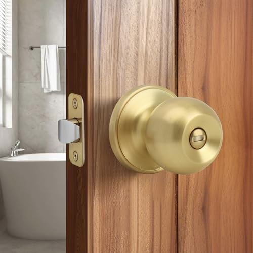 Moquin Round Ball Style Privacy Door Knob, No Key Interior Door Knob, Turn Thumb Locking Doorknob for Bedroom Bathroom, Satin Brass Finish