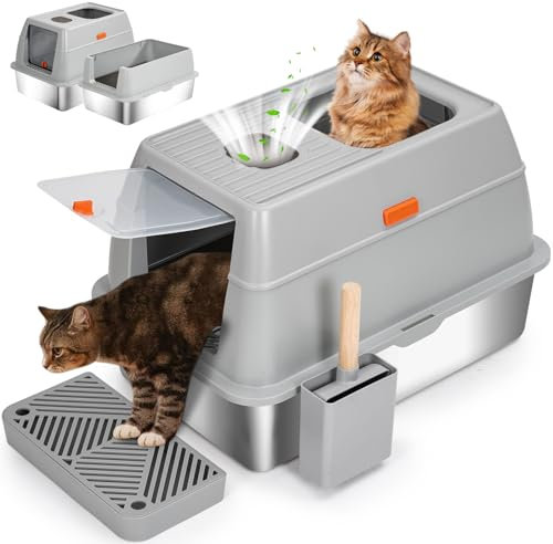 KMNSUN Edelstahl Katzenklo mit Deckel, XXL Katzenklo Edelstahl mit Desodorierendem Holzkohlebeutel (61 x 41 x 40 cm), Ausgestattet mit Katzenstreu Schaufel und Pedalen, Leicht zu Reinigen