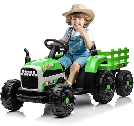 Brolteja Tractor eléctrico para niños, Tractor Infantil con Remolque, con Luces LED, música, Capacidad de Carga hasta 50 kg, Apto para niños a Partir de 3 años (Verde)