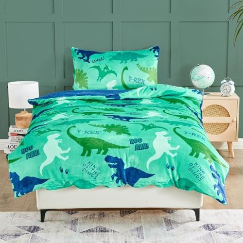 Lions - Dinosaur Teddy Fleece Bedding - Single Duvet Cover Set (137x200cm) with Pillowcase - Soft Reversible Warm Cosy Printed Quilt Covers for Boys Girls, Kids Jungle Bed Sets