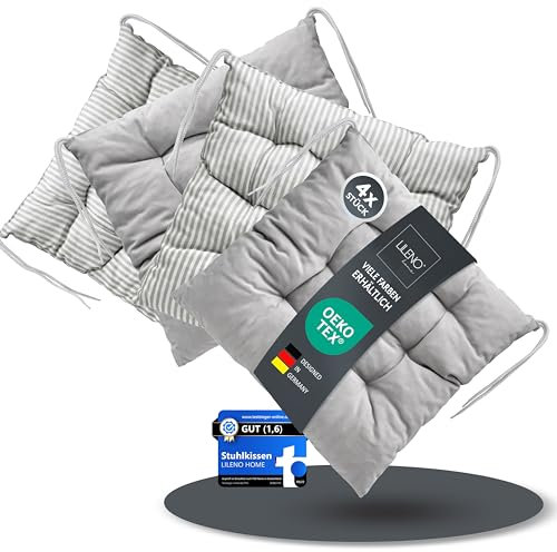 LILENO HOME 4er Set Wende Stuhlkissen Hellgrau (40x40x6 cm) - Streifen Sitzkissen für Gartenstuhl, Küche oder Esszimmerstuhl - Indoor u. Outdoor Stuhlauflage als Stuhl Kissen (Linda FUM)
