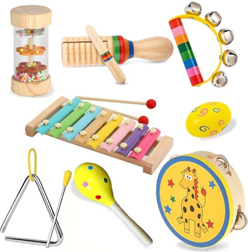 Musikinstrumente für Kinder, Montessori Holzspielzeug ab 3 Jahre, Instrumente Set mit Xylophone Trommel für Kindergarten, Musik Lernspielzeug Geschenk für Kinder Mädchen Junge (8 in 1) ﻿