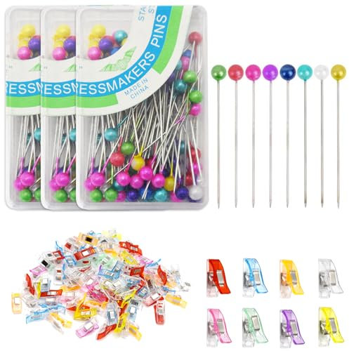 SHENSAIGO 300 Stück Stecknadeln mit Kopf, 35mm Mehrfarbig Plastikopfnadeln, Plastikopf Stecknadeln Metall mit 50 Nähklammern, Sewing Pins Nähzubehör für Quilten Säumen Jewelry Komponenten Dekoration