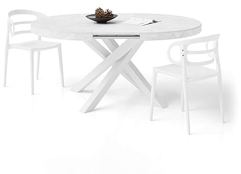 Moderner runder ausziehbarer Esstisch 120 160 cm Betonoptik weiß italienisches Design weiß gekreuzte Beine