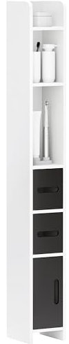 kleankin Columna de Baño Mueble de Baño con 3 Puertas 3 Estantes Abiertos y Sistema Antivuelco Armario de Baño Estilo Moderno 15x17x120 cm Blanco y Negro