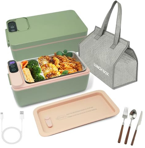 SL Euthtion Cordless Electric Lunch Box, Battery Powered Heated Lunch Box,Food Heate 1L Adjustable Heating time Comes with Tableware and Insulated Bag Used for Trucks, Camping, Offices