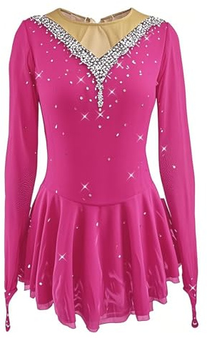 LIUHUO Mädchen Eiskunstlauf Kleid Stretch Mesh Diamant Haken Ärmel Vier Farben
