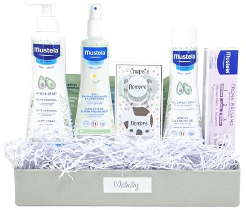 Mababy Mi Primera Canastilla – Set Regalo Bebé con Cosmética Suave y Chupete Personalizado con Pinza, Canastilla Aseo Recién Nacido Completa
