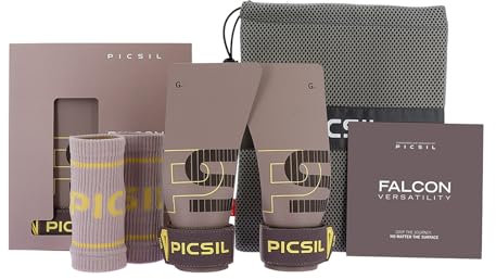 PICSIL - Maniques Falcon, Grips Professionnels avec Magnésie, avec Étui et Protège-Poignets Inclus, pour Cross Training, Calisthenics, Musculation, Fitness (Taupe, G+)
