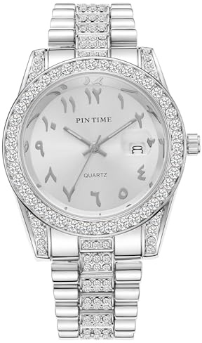 PINTIME Luxus Edelstahl Armbanduhr - Arabische Ziffern Uhr für Herren mit Iced - Out Diamant Lünette Zifferblatt Quarz Kleid Uhr