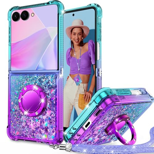 Unlicaku for Samsung Galaxy Z Flip 7 Case with Ring, Glitter Bling Phone Cover with Stand & Lanyard, Women Girls Luxury Rhinestone Sparkle Protective Case For Galaxy Z Flip 7, Purple