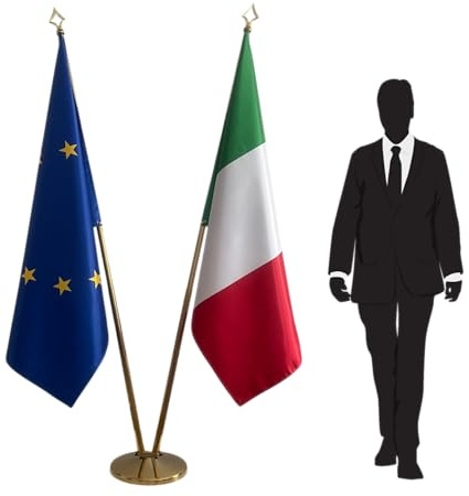 Bandiere Italia e Unione Europea con palo e piede stabile – set ufficiale per ambasciate, consolati, uffici governativi, cerimonie ed eventi diplomatici. Codice CN8-EU-IT-L