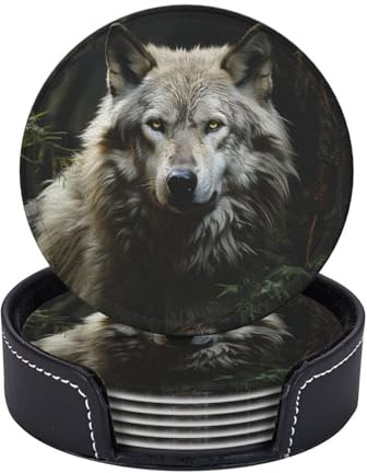 Getränkeuntersetzer mit Halter, hitzebeständiger Leder-Untersetzer, 6 Stück, Kaffeetassenmatte, einsamer Wolf, Untersetzer für Getränke, runde Tischplatte, Schutz, Tassenunterlage für Couchtisch, Bar