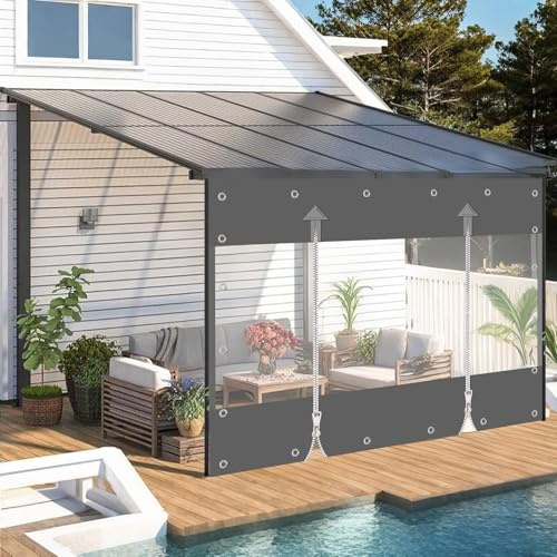 Lona transparente, lona de PVC de 650 g/m², cortina para exteriores con cremallera, lona impermeable, protección contra el viento y la lluvia para cenadores, balcones, terrazas (gris, altura 2,4 m x