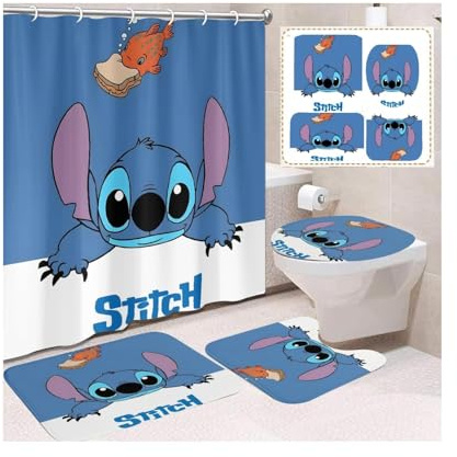TOCKFIT Cute Sitch Shower Curtain Set 4 Piece with Non-Slip Rugs, Toilet Lid Cover and Bath Mat Cartoon Bathroom Decor 72 x 72inch (Stitch 001)