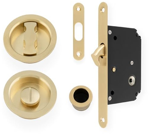 Alexander & Wilks AW110R Radius Sliding Door Lock Set, 50mm Backset, Solid Brass (Satin Brass PVD)