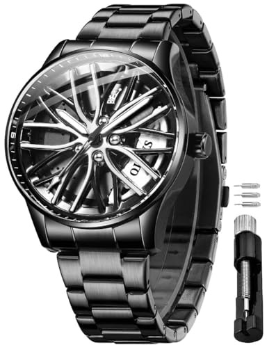 OLEVS Herrenuhren Skelettuhr Quarz Rennwagenrad Edelstahl Casual Sports Wasserdicht Leuchtend Herrenarmbanduhren