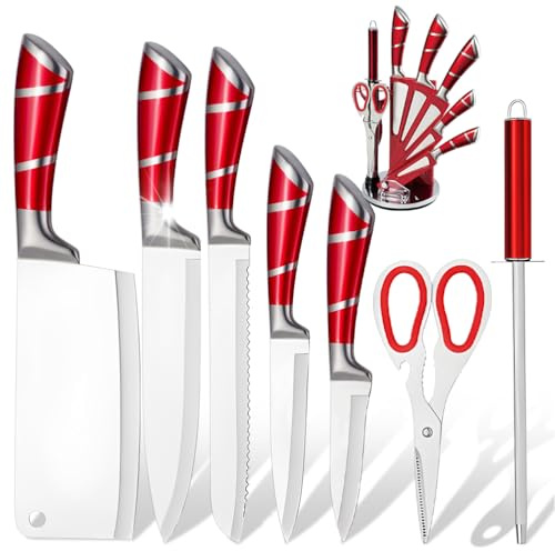Set Couteaux de Cuisine 9 Pièces avec Bloc Rotatif ABS - Lames Anti-Adhésives, Fusil à Aiguiser, Ciseaux - Couleurs Rose, Idéal pour Hacher et Trancher (Rouge)