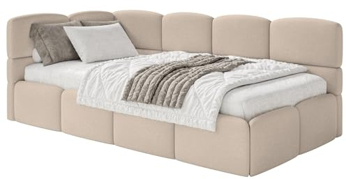 Selsey Jugendbett 120x200cm Beige Chenille Stoff mit Stauraum und Lattenrost, Polsterbett mit Bettkasten, gepolstertes Kinderbett 120x200, Jugendbett linksseitig mit Eckkopfteil