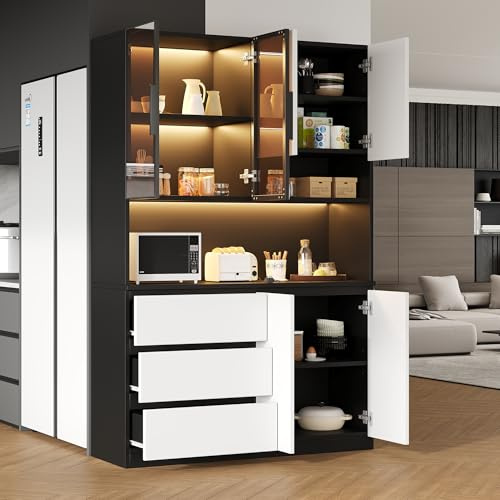 Multifunktionale Küchenvitrine 120,5×40×180 cm, 3 Schubladen + 6 Türen + verstellbare Böden, geeignet für Geschirr & Mikrowelle – neutrales Weiß/Naturholz, inkl. Wandhalterungen & nummerierten Teilen