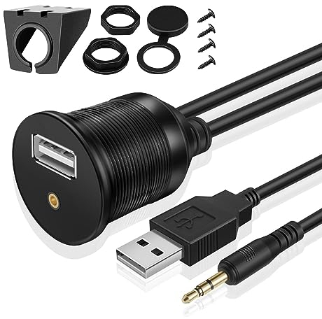 TNP USB + 3,5mm Aux Einbaubuchse Kabel - 1m, Kfz USB & 3,5-mm Klinke Einbau Buchse Kabel, Auto USB Aux Verlängerungskabel, Stereo Audio Adapter für Armaturenbrett, LKW, Boot, Motorrad, schwarz