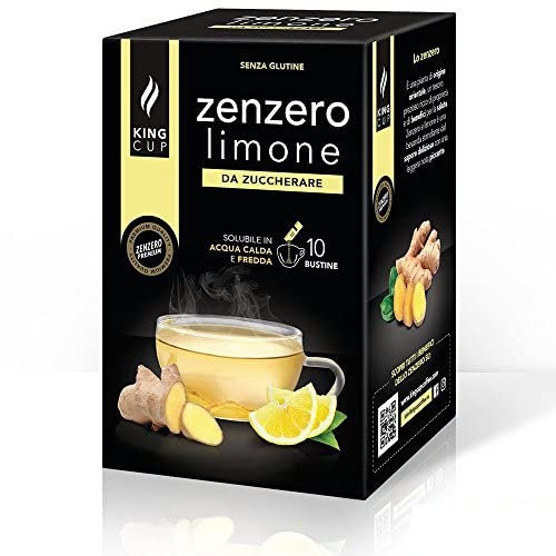 King Cup - 1 Confezione da 10 Bustine Solubili di Bevanda Zenzero e Limone da Zuccherare, 10 Stick da 6 gr, Gusto Zenzero e Limone da Aggiungere a 60 Ml di Acqua Calda, Senza Glutine, Senza Lattosio