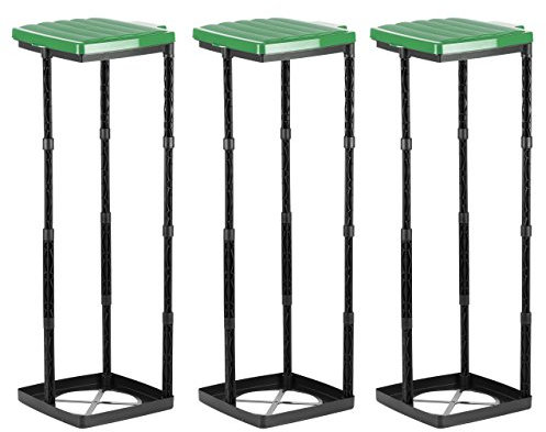 Grizzly bin bag holder, 3x rubbish bin with green lid, height-adjustable plug-in system with clamping ring, for different sized bin liners from 25-120 litres