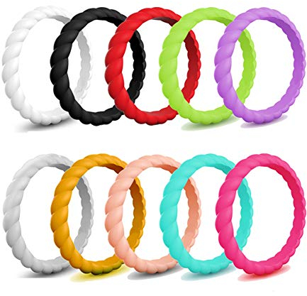 JewelryWe Schmuck 10 PCS Silikon Ehering für Frauen, 3mm geflochten verdreht Twisted Gummi Hochzeit Bands Gummibänder Ring für Sport und Outdoor, 10 Farben Set, Größe 57